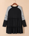 Black Plus Size Striped Leopard Patch Sleeve Ruffle Tiered Dress - Toi ‘n’ Moi Ltd