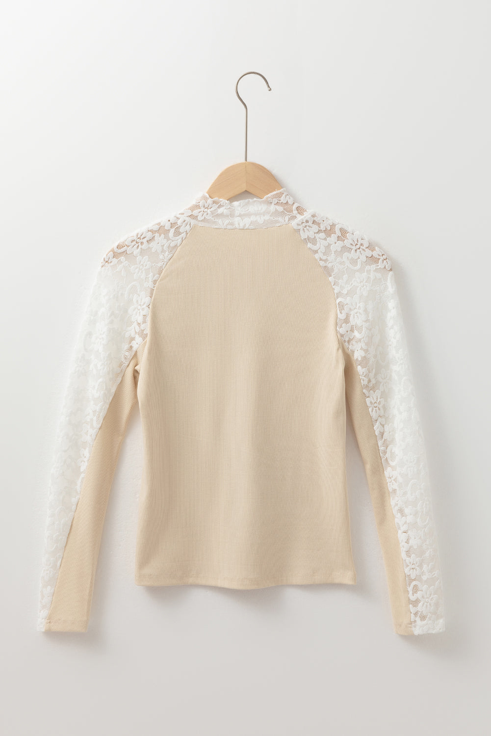 Beige Floral Lace Patchwork Long Sleeve High Neck Slim Top - Toi ‘n’ Moi Ltd