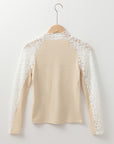 Beige Floral Lace Patchwork Long Sleeve High Neck Slim Top - Toi ‘n’ Moi Ltd