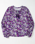 Purple Boho Flower Split V Neck Bubble Sleeve Blouse