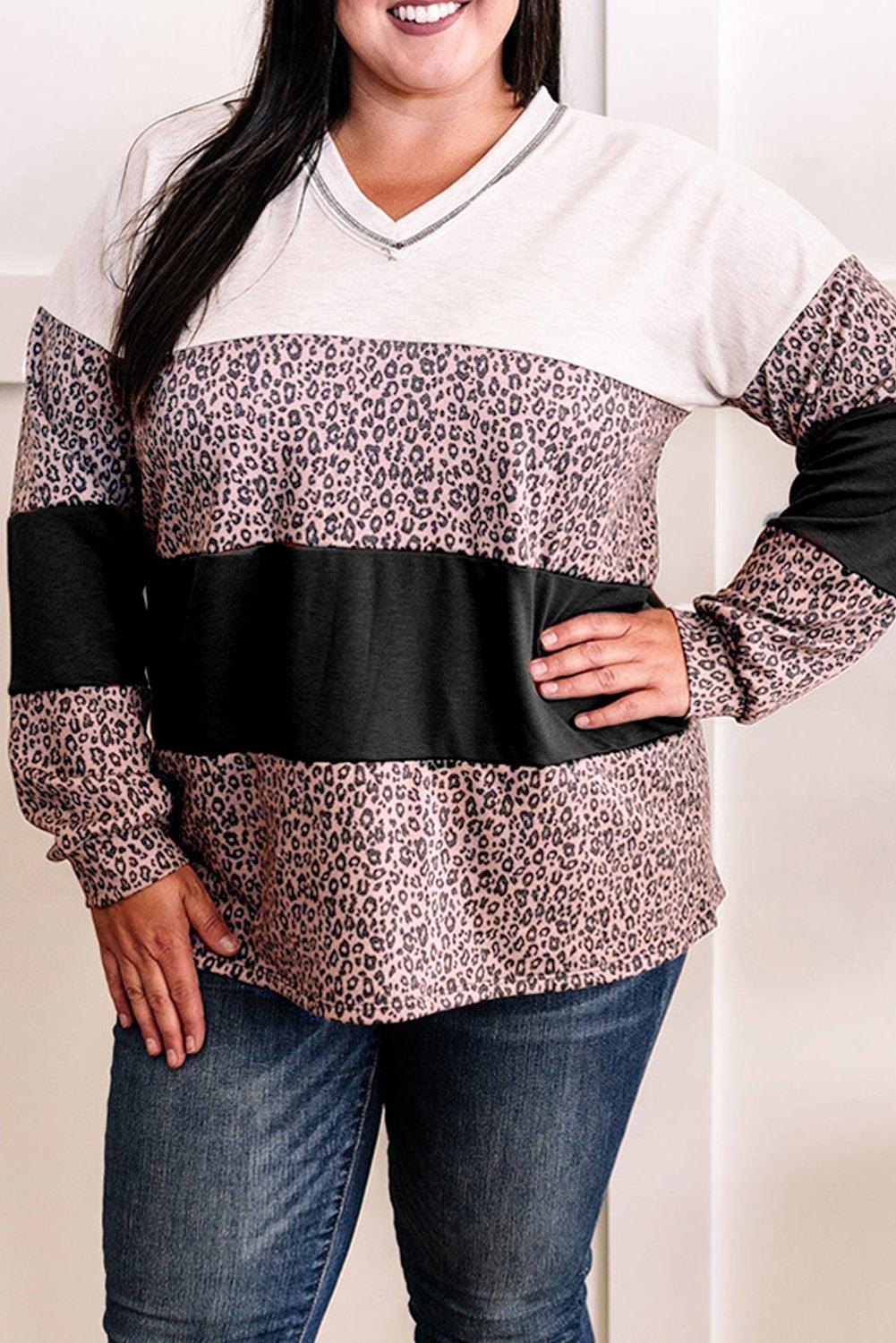 Black Leopard Print Colorblock V Neck Long Sleeve Plus Size Top - Toi ‘n’ Moi Ltd