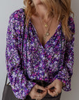 Purple Boho Flower Split V Neck Bubble Sleeve Blouse