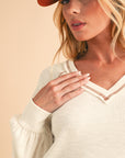 Beige Exposed Seam Crinkle Rib V Neck Pullover Top - Toi ‘n’ Moi Ltd