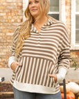 Brown Stripe Quarter Buttons Drop Sleeve Plus Size Hoodie - Toi ‘n’ Moi Ltd