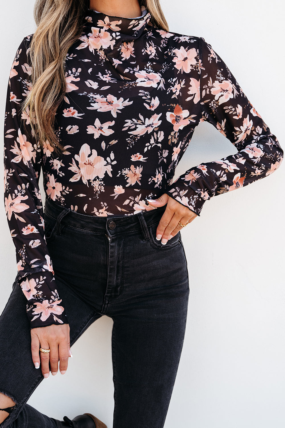 Black Floral Mesh Mock Neck Long Sleeve Slim Fit Top - Toi ‘n’ Moi Ltd
