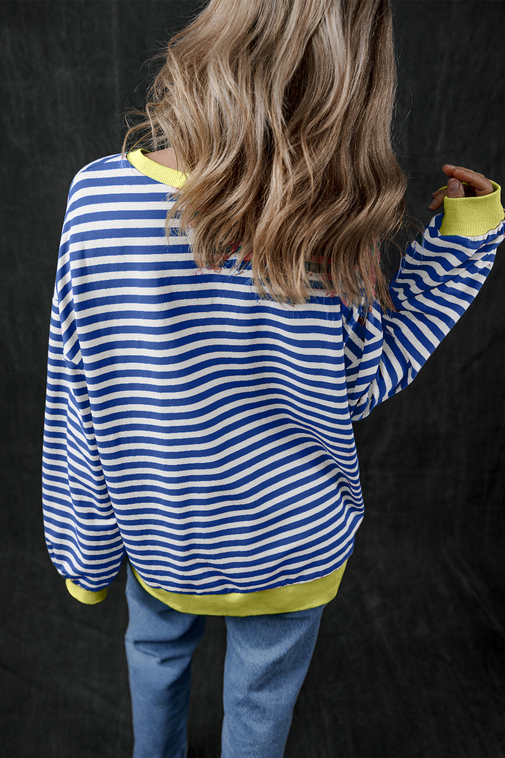 Blue Stripe Oversized Contrast Trim Pullover Sweatshirt - Toi ‘n’ Moi Ltd