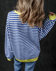 Blue Stripe Oversized Contrast Trim Pullover Sweatshirt - Toi ‘n’ Moi Ltd