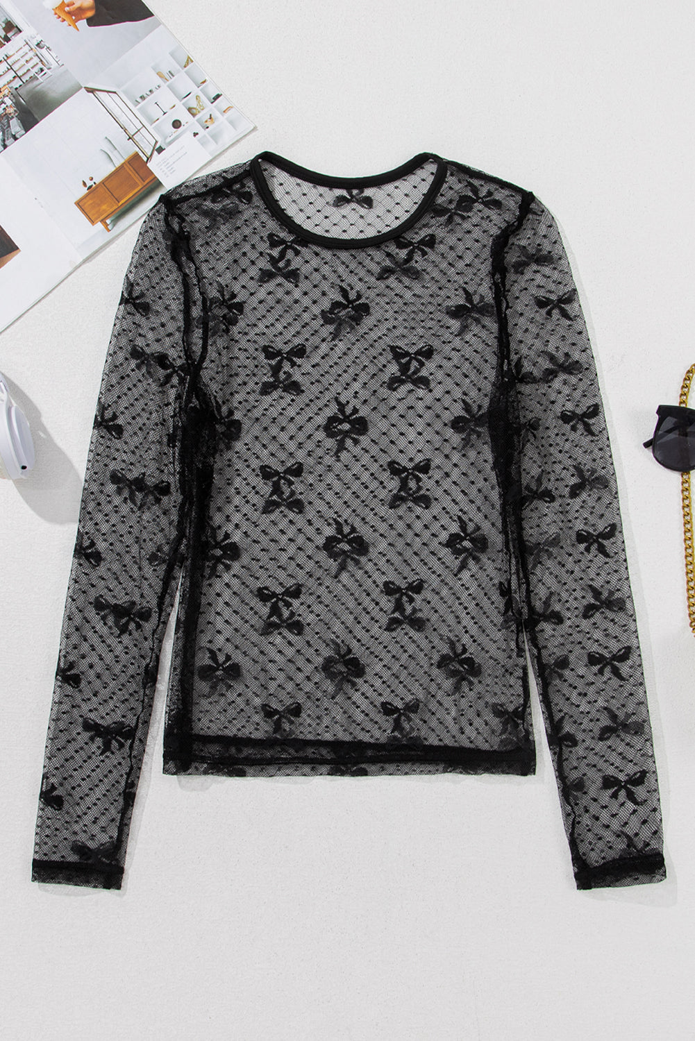 Black Dotted Bow Pattern Mesh Long Sleeve Top - Toi ‘n’ Moi Ltd
