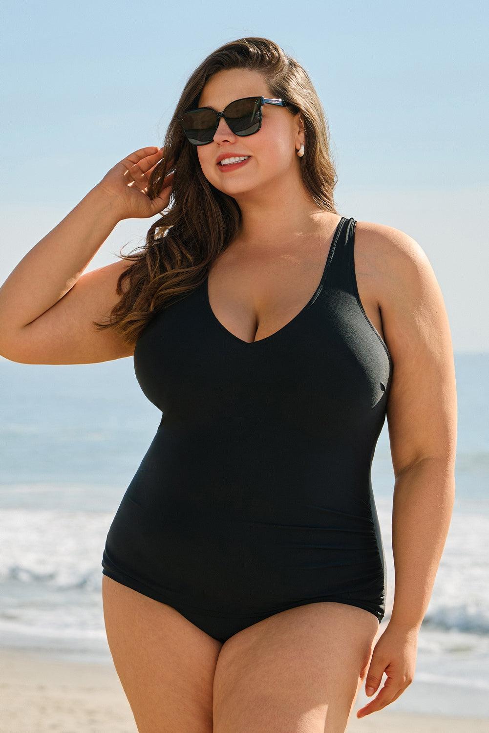 Black Solid Color U Neck Padded Plus Size One Piece Swimsuit - Toi ‘n’ Moi Ltd