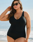 Black Solid Color U Neck Padded Plus Size One Piece Swimsuit - Toi ‘n’ Moi Ltd