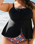 Black Drawstring Tied Front Flared Top Geometric Print Bottom Plus Size Tankinis - Toi ‘n’ Moi Ltd