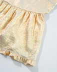 Gold Metallic Frilled V Neck Puff Sleeve Babydoll Blouse