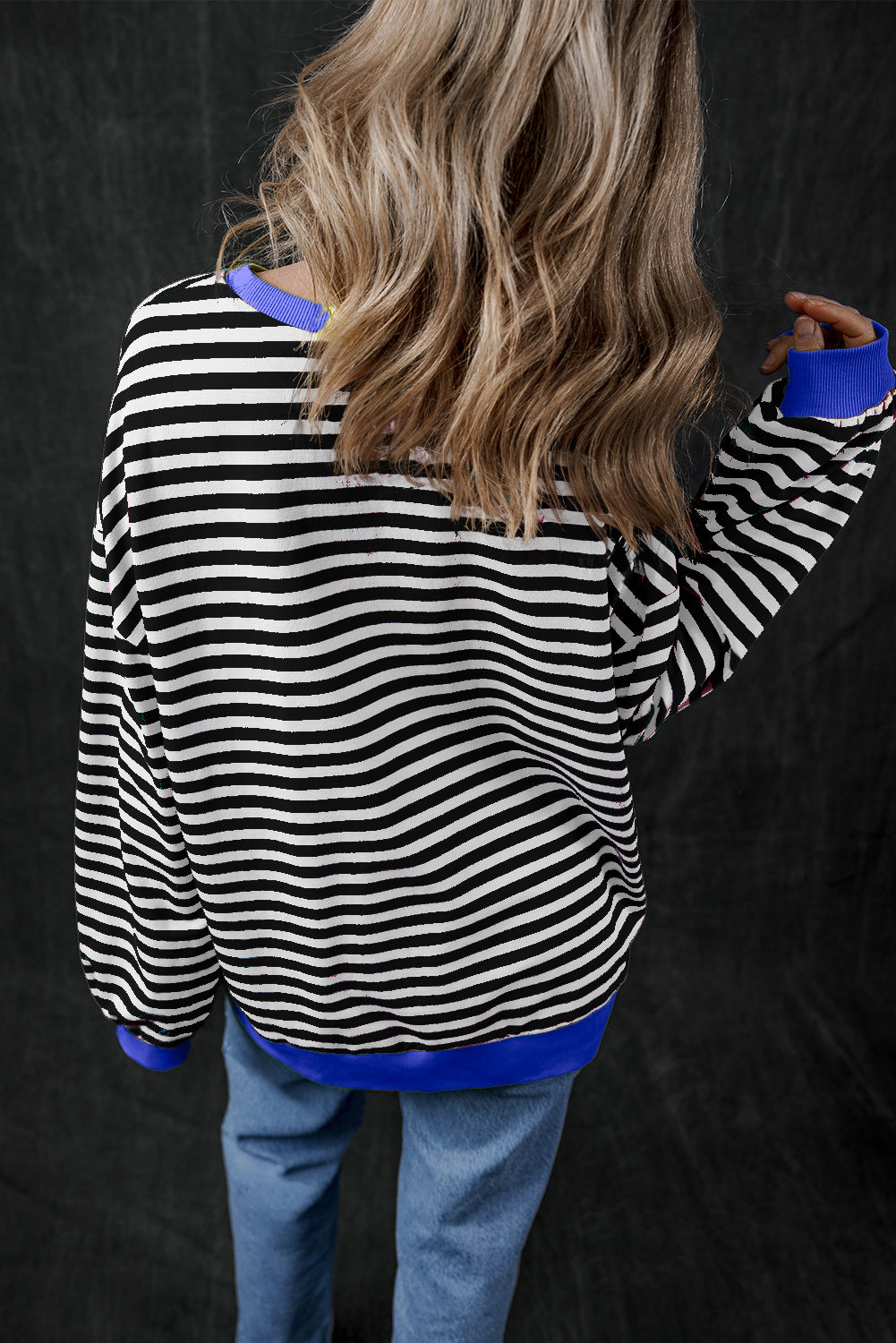 Black Stripe Oversized Contrast Trim Pullover Sweatshirt - Toi ‘n’ Moi Ltd