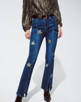 Flared Jeans With Shiny Stars Detail in Blue