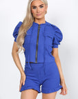 Front Pocket Zip Up Suit Ribbed Hooded Lounge Wear Short Set - Toi ‘n’ Moi Ltd