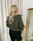 Cut Out Tie Bow Sleeve Detail Chunky Knitted Top