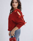 Cut Out Tie Bow Sleeve Detail Chunky Knitted Top