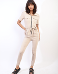 Collared V-Neckline Zip Up with Tie Belt Jumpsuit