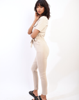 Collared V-Neckline Zip Up with Tie Belt Jumpsuit