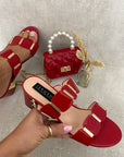 Square Stud Two Strap Block High Heels