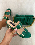 Square Stud Two Strap Block High Heels