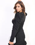 Glitter Ruched Long Sleeve Frill Mini Dress