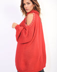 High Neck Oversized Open Shoulder Long Sleeve Knitted Jumper
