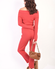 Knitted Long Sleeves Cropped Off Shoulder Top and Trousers Co-ord Set
