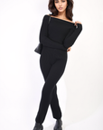 Knitted Long Sleeves Cropped Off Shoulder Top and Trousers Co-ord Set