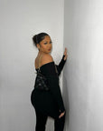 Knitted Long Sleeves Cropped Off Shoulder Top and Trousers Co-ord Set