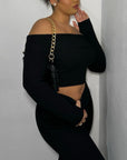 Knitted Long Sleeves Cropped Off Shoulder Top and Trousers Co-ord Set