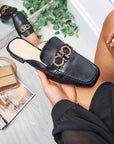 Faux Leather Backless Sandal with Metal Detail