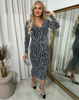 Printed V-Neck Long Sleeve Glitter Midi Dress