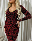 Printed V-Neck Long Sleeve Glitter Midi Dress