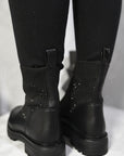 Rhinestone Faux Leather Stretch Ankle Boots