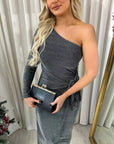 One Shoulder Wrap Front Glitter Midi Dress
