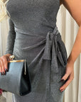 One Shoulder Wrap Front Glitter Midi Dress