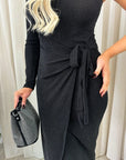 One Shoulder Wrap Front Glitter Midi Dress