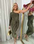 One Shoulder Wrap Front Glitter Midi Dress