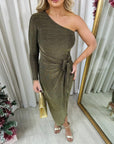One Shoulder Wrap Front Glitter Midi Dress