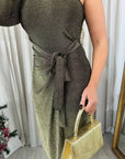 One Shoulder Wrap Front Glitter Midi Dress