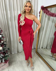 One Shoulder Wrap Front Glitter Midi Dress