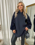 Oversized Sequin Sleeve Knitted Hoodie Jumper