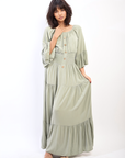 Ruffle Hem Sleeve Shirred Waist Tiered Maxi Dress