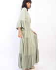 Ruffle Hem Sleeve Shirred Waist Tiered Maxi Dress