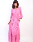 Ruffle Hem Sleeve Shirred Waist Tiered Maxi Dress