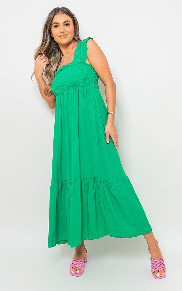 Wide Ruffle Strap Smocked Midi Dress - Toi ‘n’ Moi Ltd