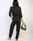 Collar Button-Front Jogger Drawstring Jumpsuit