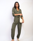 Collar Button-Front Jogger Drawstring Jumpsuit