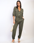 Collar Button-Front Jogger Drawstring Jumpsuit